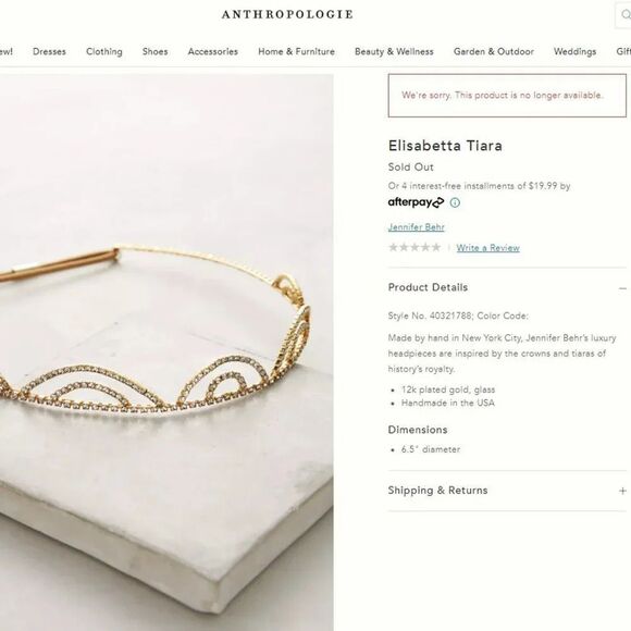 Anthropologie Jennifer Behr Elisabetta Tiara 12K Plated Gold